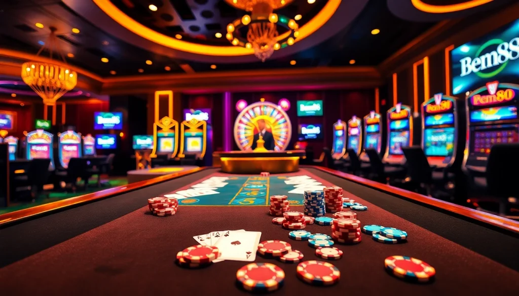 Experience the excitement of gambling at Bem88 with vibrant tables filled with casino elements.