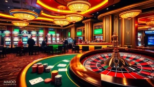 Players enjoying a thrilling casino experience featuring MMOO branding with poker chips and a luxurious roulette wheel.