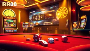 Engaging online gambling experience at Nhà Cái RR88, with vibrant casino tables and sleek slot machines.