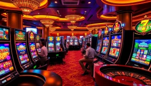 Players celebrating wins at a vibrant slot machine area in a luxurious casino setting.