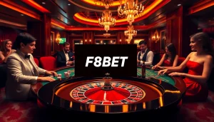 A thrilling moment at F8BET's casino scene with exciting games and elegant players.