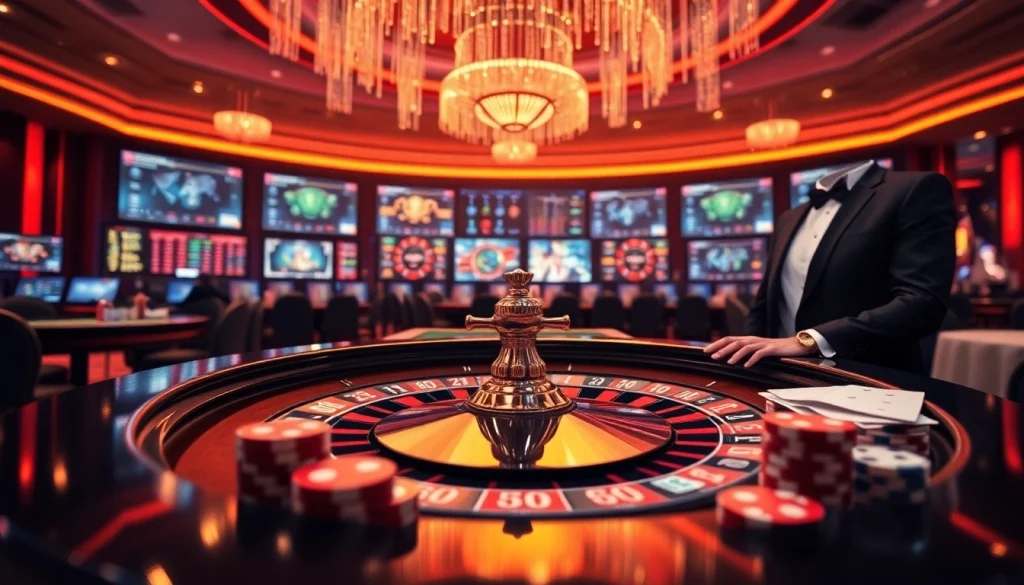 Action-packed RR88 casino scene featuring roulette, poker cards, and vibrant gaming atmosphere.