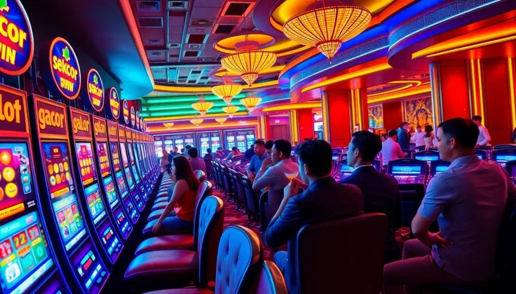 Patrons excitedly playing 'slot gacor nekatwin' at a luxurious casino slot machine area.
