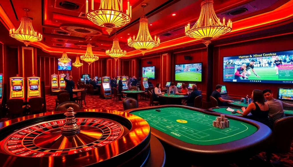 Engaging casino environment showcasing 23win nhà cái with vibrant roulette and poker gameplay.