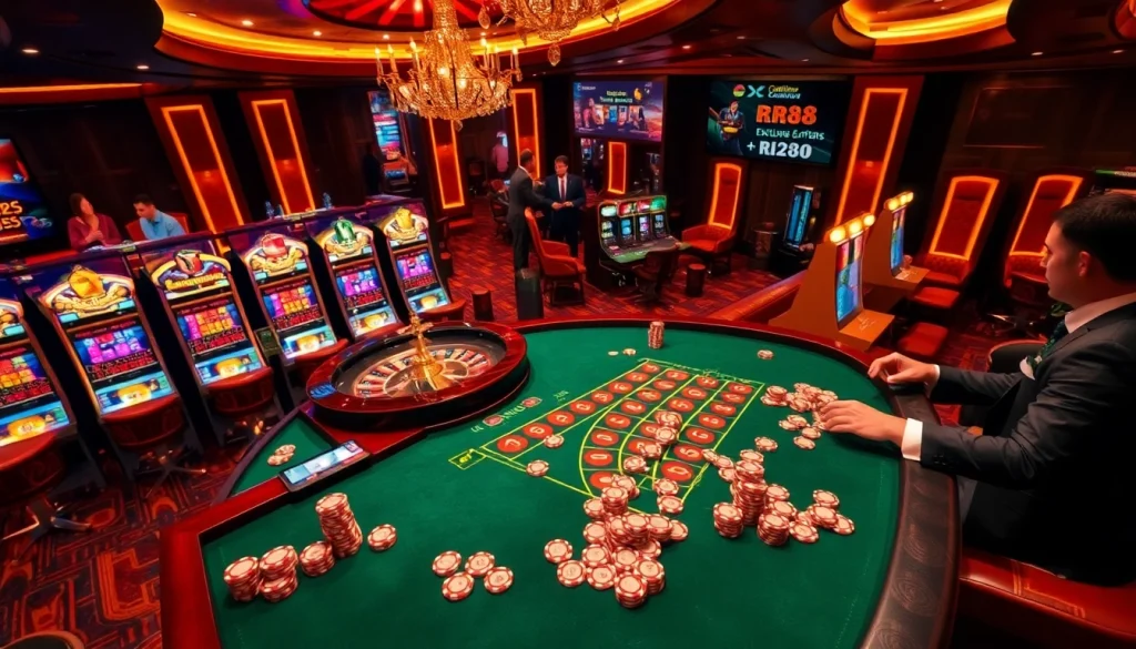 Experience the thrill of RR88 with vibrant casino tables and elegant betting chips.