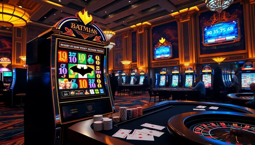 Experience the thrill of winning at Batman138 with an exciting slot machine and poker table.