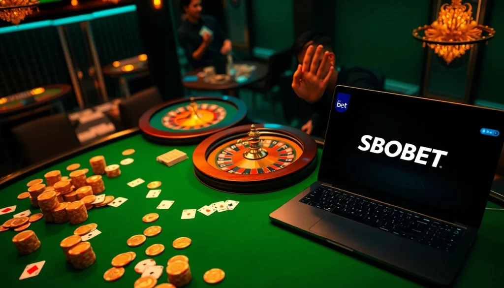 Experience top-tier betting with SBOBET link alternatif in a luxurious casino scene featuring vibrant roulette and poker elements.