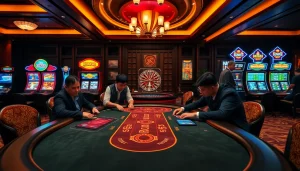 KONG88 poker table with players in a luxurious casino setting, showcasing excitement and elegance.
