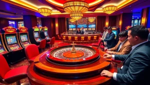 Exciting casino scene showcasing roulette and poker action at f8bet.net.in, highlighting luxury and professionalism.