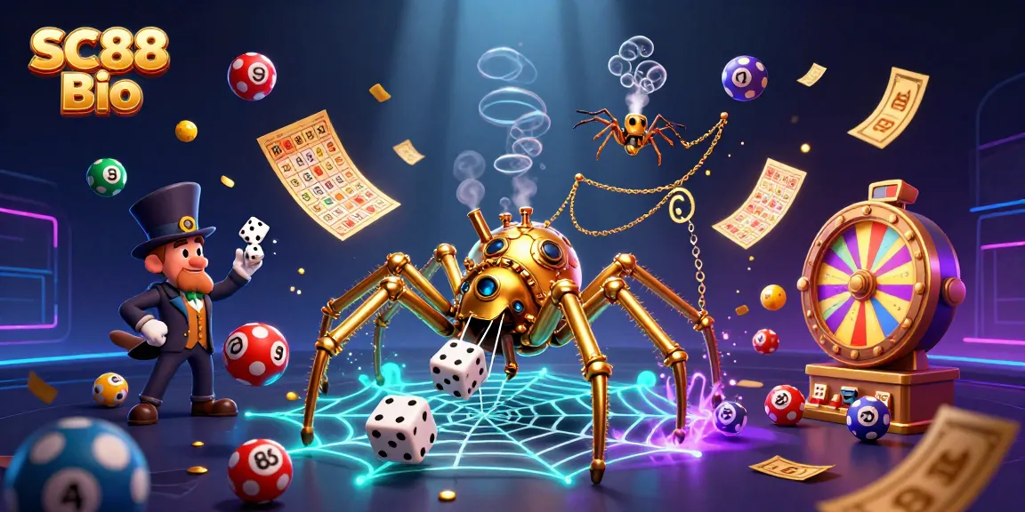 Engage with SC88 Bio's vibrant lottery scene featuring a steampunk spider and dynamic game elements.